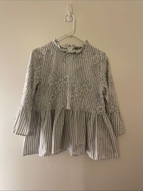 Striped Floral Peplum Blouse in Light Gray and White